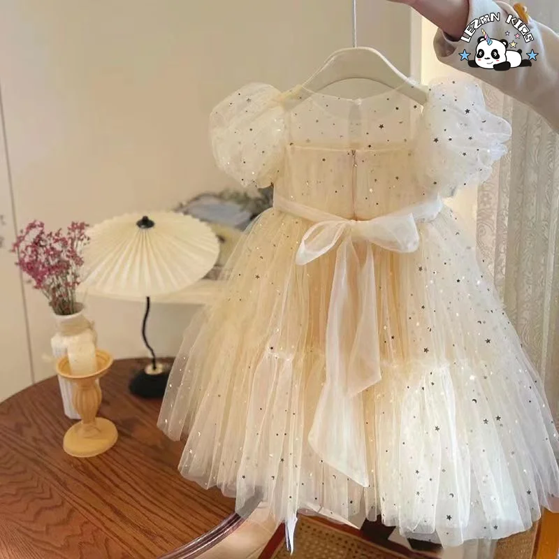 LEZONKIDS - Atacado de Novo Produto vestidos de tule com manga bufante curta e laço grande com impressão de padrão pequeno para meninas crianças